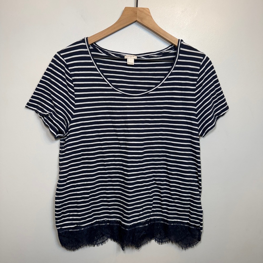 J.Crew Women's Navy Blue White Striped Lace Trim Scoop Neck Shirt Size Large